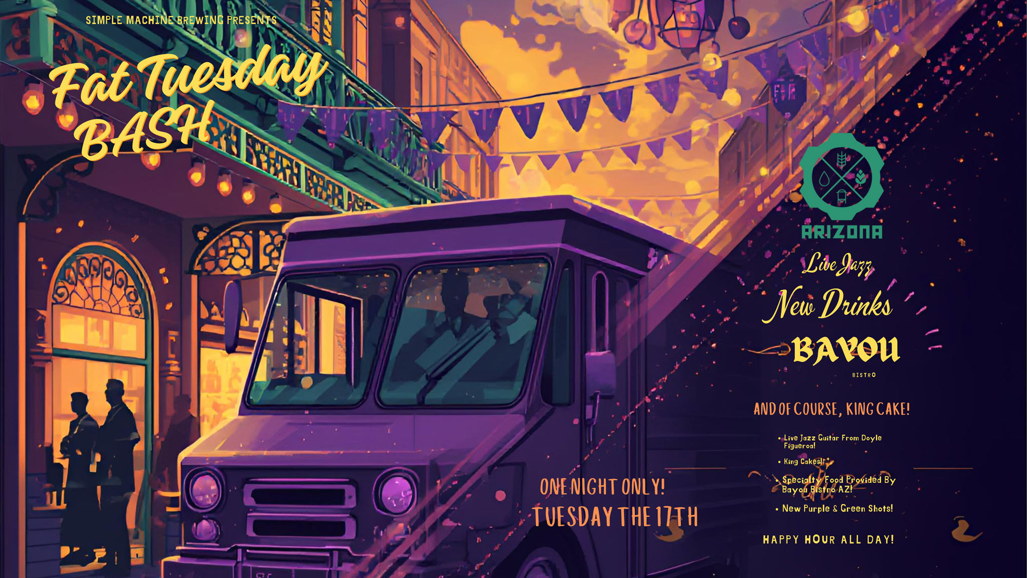 Simple machine Fat Tuesday Bash flier
